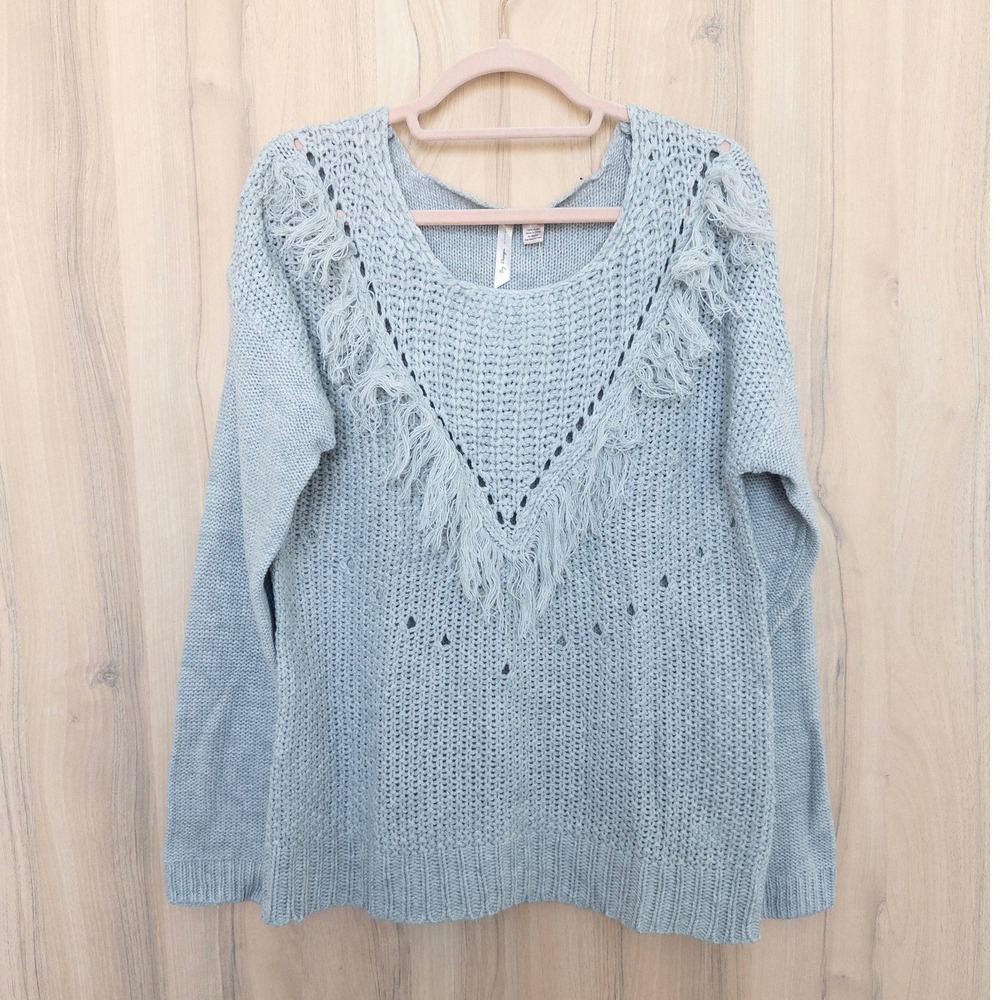 Womens Fringe Sweater XL Gray Pointelle Open Knit Western Boho Cottage‎ Cozy